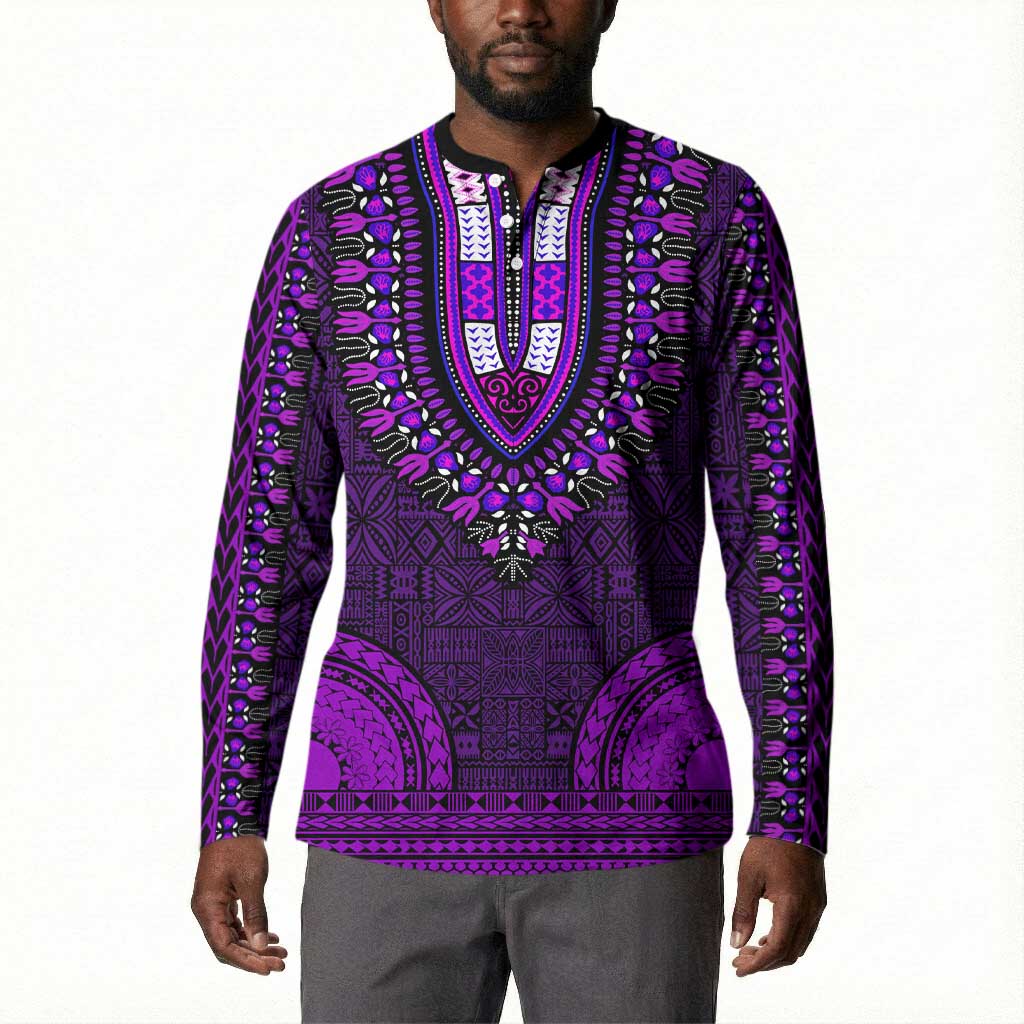 Purple Dashiki and Tapa Pattern Button Sweatshirt Africa-Polynesia Together Culture