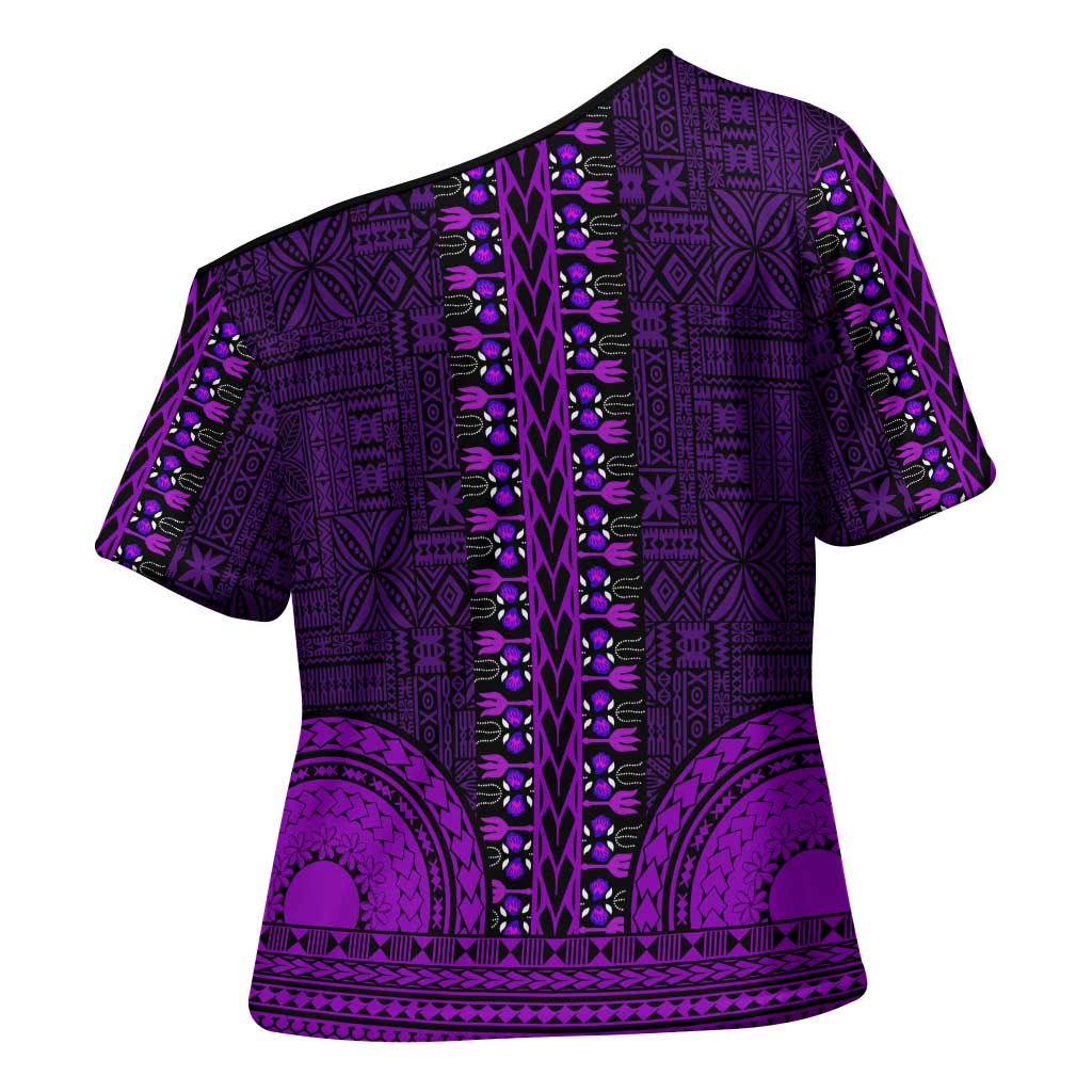 Purple Dashiki and Tapa Pattern Cross Shoulder Shirt Africa-Polynesia Together Culture
