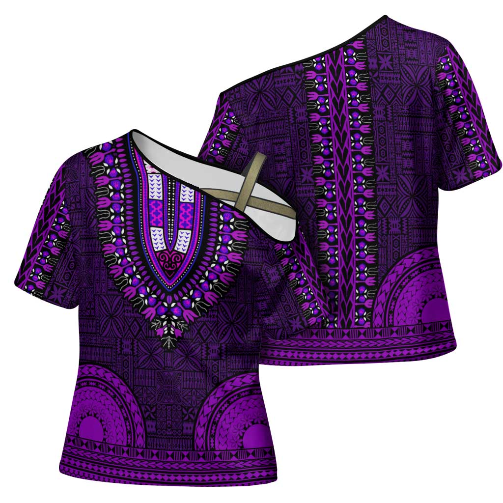 Purple Dashiki and Tapa Pattern Cross Shoulder Shirt Africa-Polynesia Together Culture