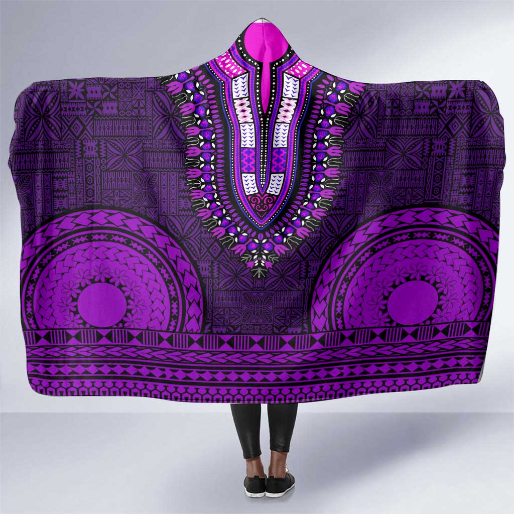 Purple Dashiki and Tapa Pattern Hooded Blanket Africa-Polynesia Together Culture