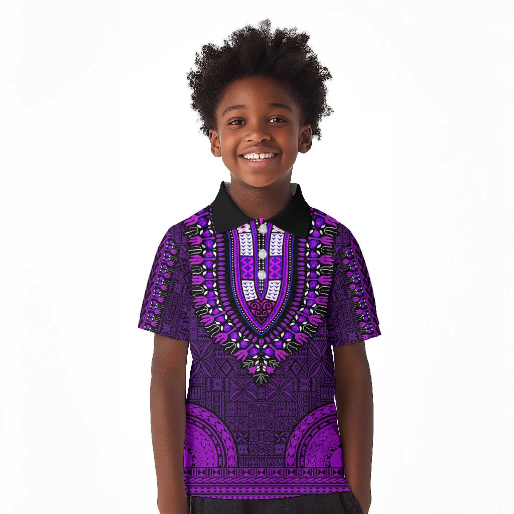 Purple Dashiki and Tapa Pattern Kid Polo Shirt Africa-Polynesia Together Culture