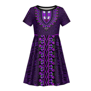 Purple Dashiki and Tapa Pattern Kid Short Sleeve Dress Africa-Polynesia Together Culture