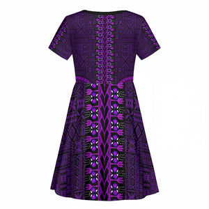 Purple Dashiki and Tapa Pattern Kid Short Sleeve Dress Africa-Polynesia Together Culture