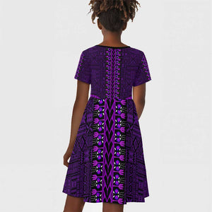 Purple Dashiki and Tapa Pattern Kid Short Sleeve Dress Africa-Polynesia Together Culture