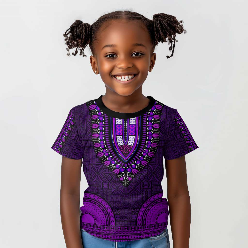 Purple Dashiki and Tapa Pattern Kid T shirt Africa-Polynesia Together Culture