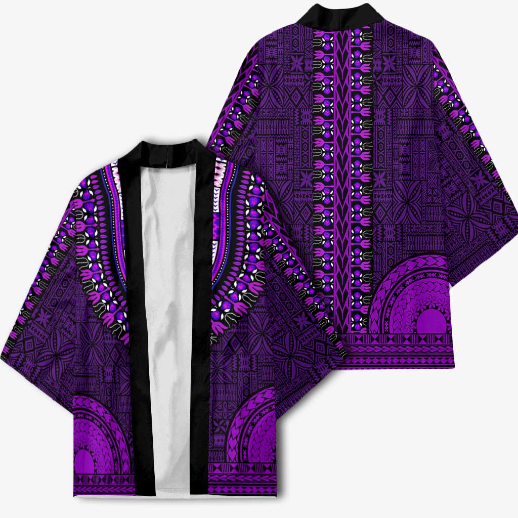Purple Dashiki and Tapa Pattern Kimono Africa-Polynesia Together Culture