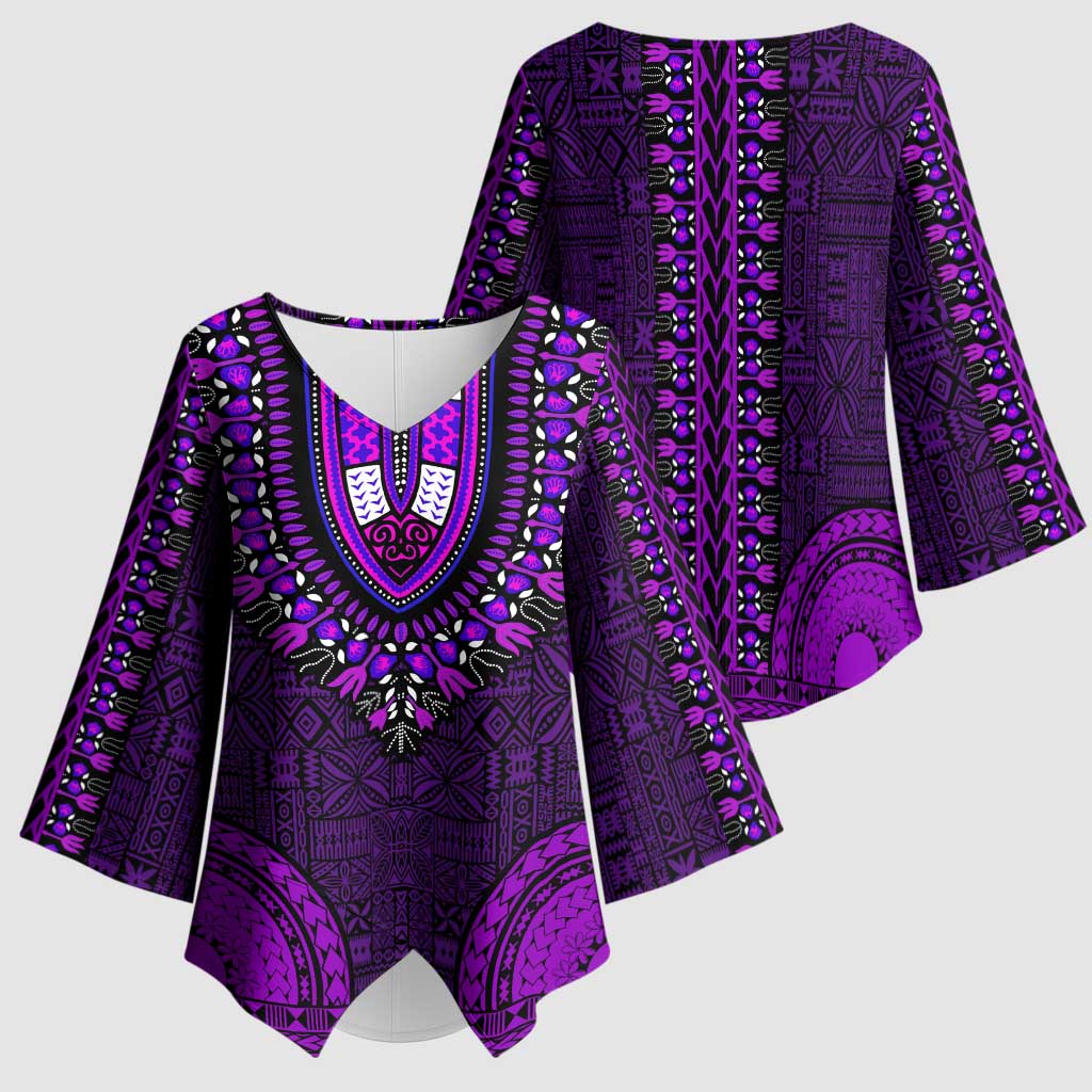 Purple Dashiki and Tapa Pattern Kimono Sleeve Blouse Africa-Polynesia Together Culture