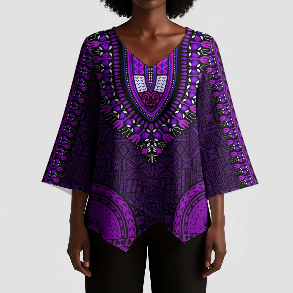 Purple Dashiki and Tapa Pattern Kimono Sleeve Blouse Africa-Polynesia Together Culture