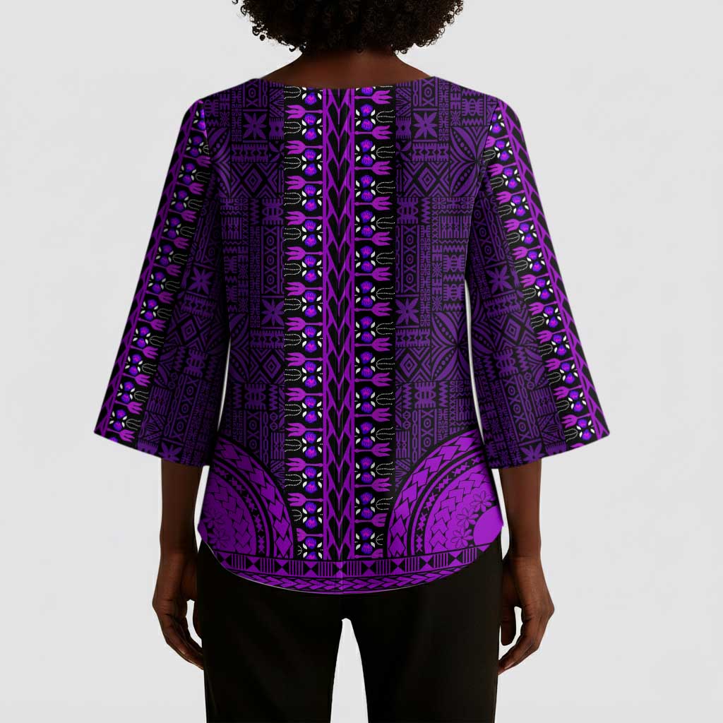 Purple Dashiki and Tapa Pattern Kimono Sleeve Blouse Africa-Polynesia Together Culture