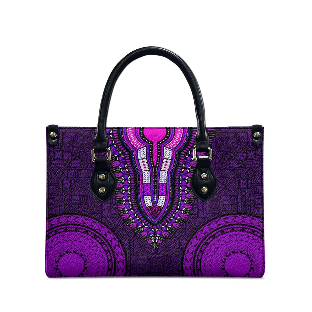 Purple Dashiki and Tapa Pattern Leather Bag Africa-Polynesia Together Culture