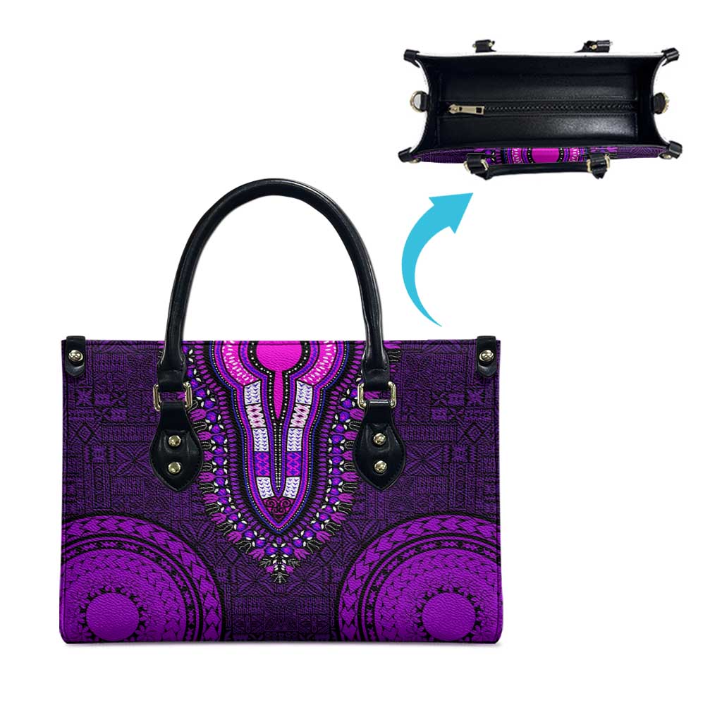 Purple Dashiki and Tapa Pattern Leather Bag Africa-Polynesia Together Culture