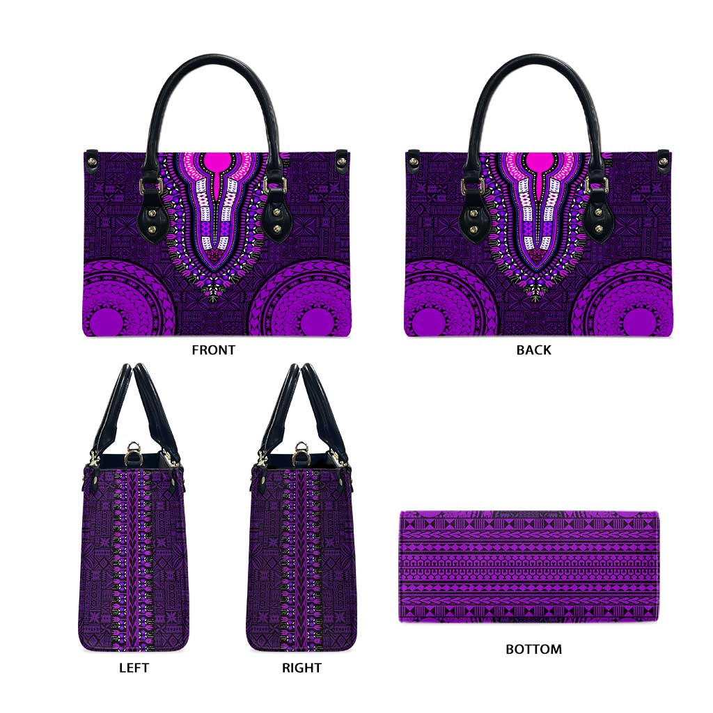 Purple Dashiki and Tapa Pattern Leather Bag Africa-Polynesia Together Culture