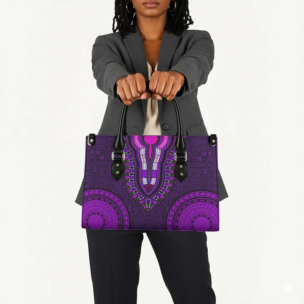 Purple Dashiki and Tapa Pattern Leather Bag Africa-Polynesia Together Culture