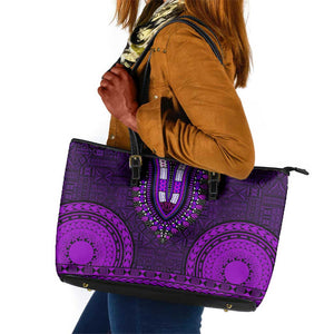 Purple Dashiki and Tapa Pattern Leather Tote Bag Africa-Polynesia Together Culture