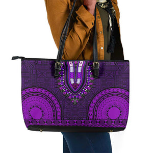 Purple Dashiki and Tapa Pattern Leather Tote Bag Africa-Polynesia Together Culture