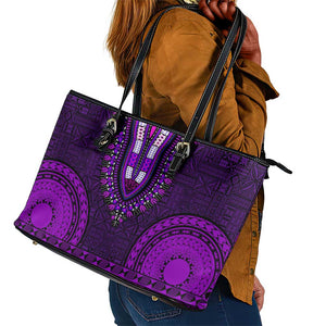 Purple Dashiki and Tapa Pattern Leather Tote Bag Africa-Polynesia Together Culture