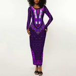 Purple Dashiki and Tapa Pattern Long Sleeve Bodycon Dress Africa-Polynesia Together Culture LT9