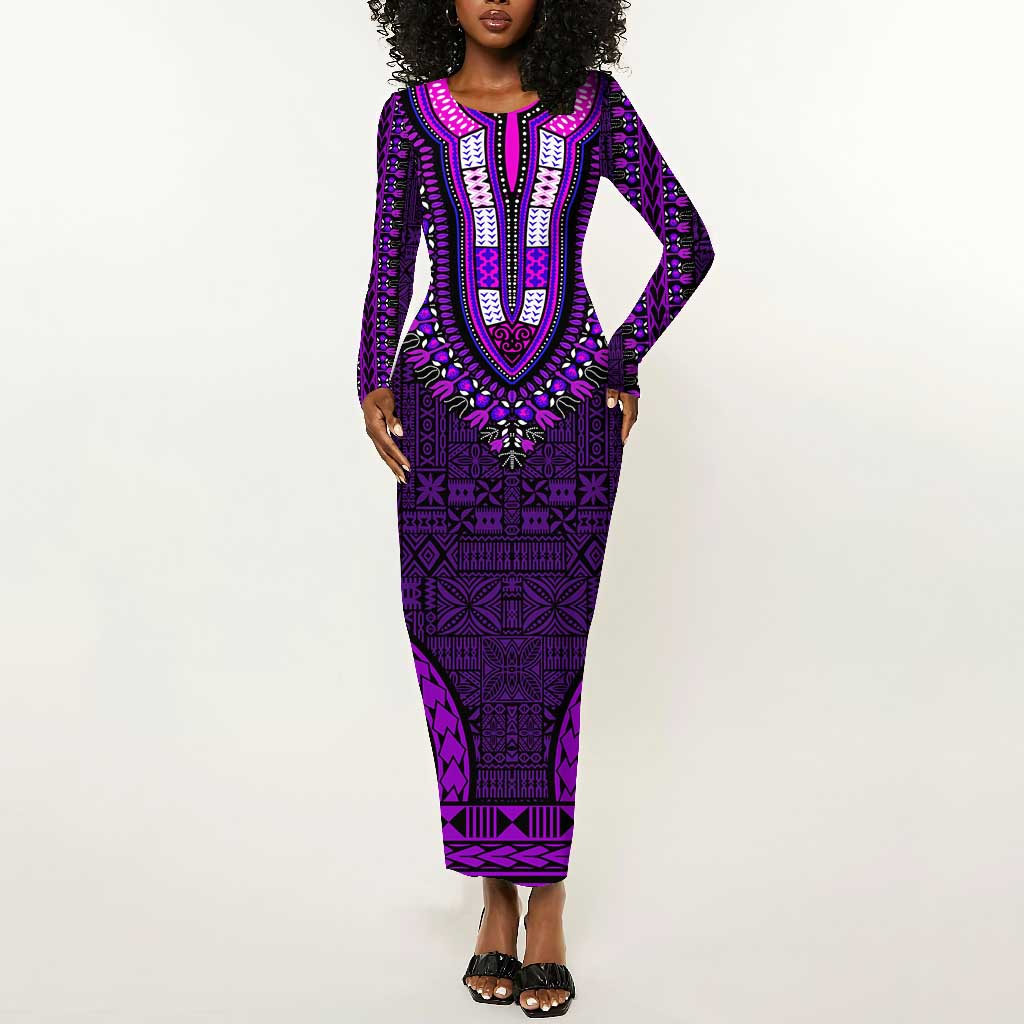 Purple Dashiki and Tapa Pattern Long Sleeve Bodycon Dress Africa-Polynesia Together Culture