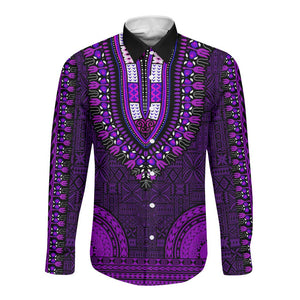 Purple Dashiki and Tapa Pattern Long Sleeve Button Shirt Africa-Polynesia Together Culture