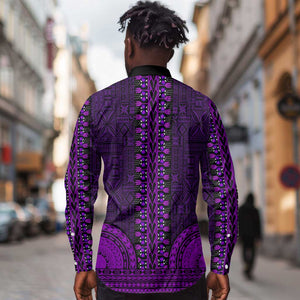 Purple Dashiki and Tapa Pattern Long Sleeve Button Shirt Africa-Polynesia Together Culture