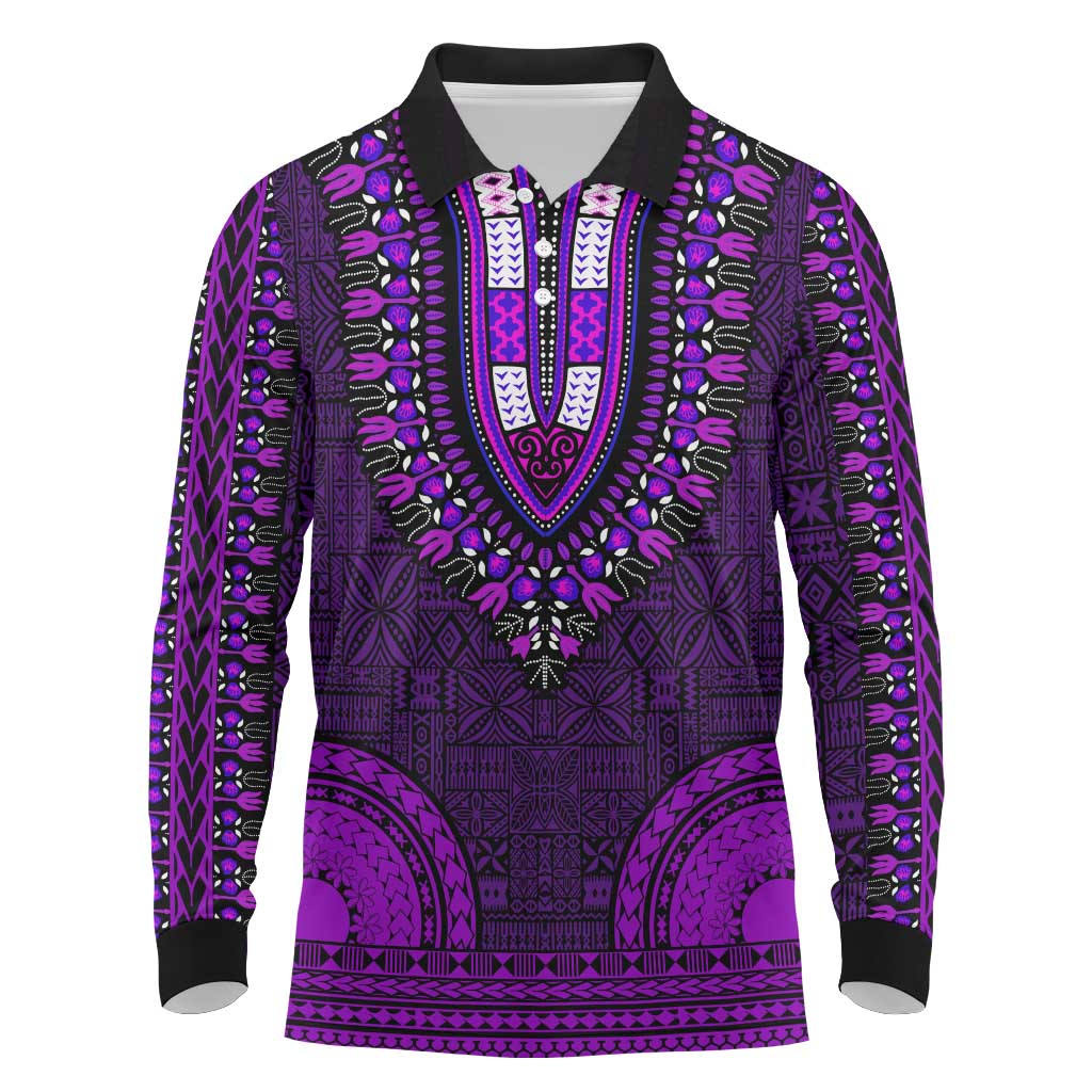 Purple Dashiki and Tapa Pattern Long Sleeve Polo Shirt Africa-Polynesia Together Culture