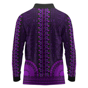 Purple Dashiki and Tapa Pattern Long Sleeve Polo Shirt Africa-Polynesia Together Culture