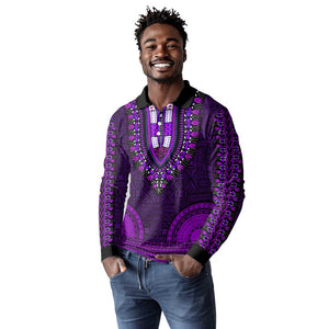 Purple Dashiki and Tapa Pattern Long Sleeve Polo Shirt Africa-Polynesia Together Culture