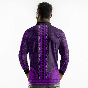 Purple Dashiki and Tapa Pattern Long Sleeve Polo Shirt Africa-Polynesia Together Culture