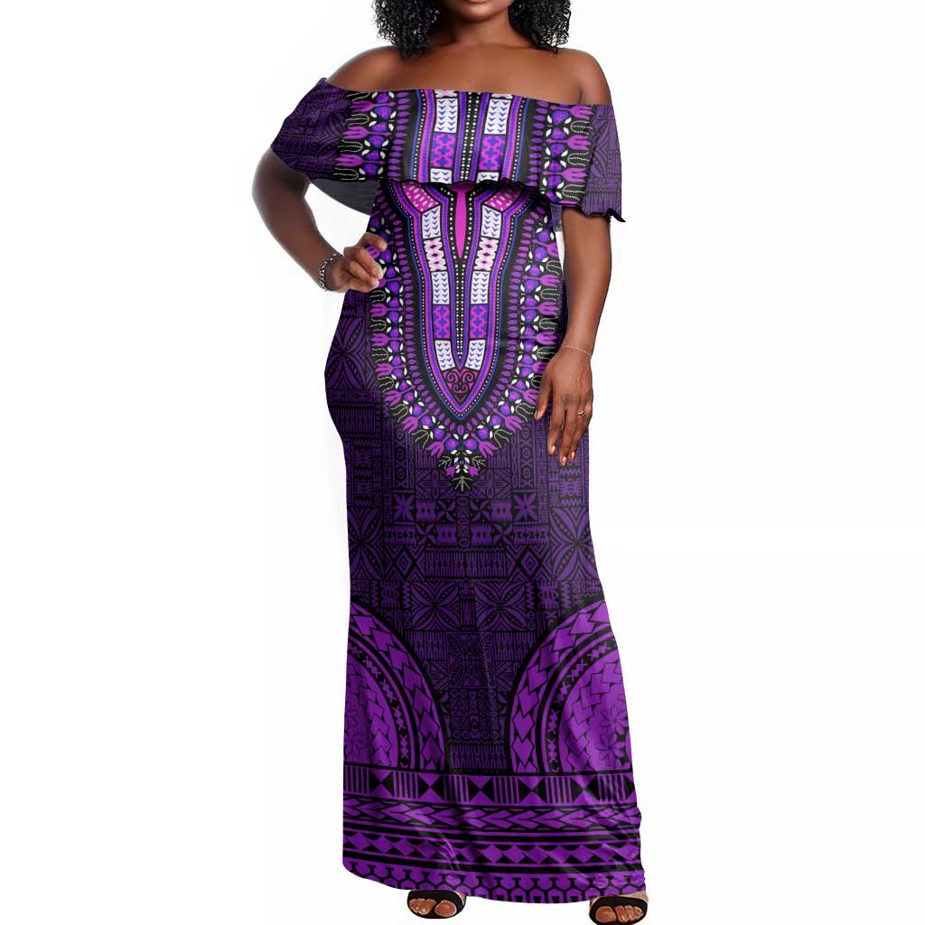 Purple Dashiki and Tapa Pattern Off Shoulder Maxi Dress Africa-Polynesia Together Culture