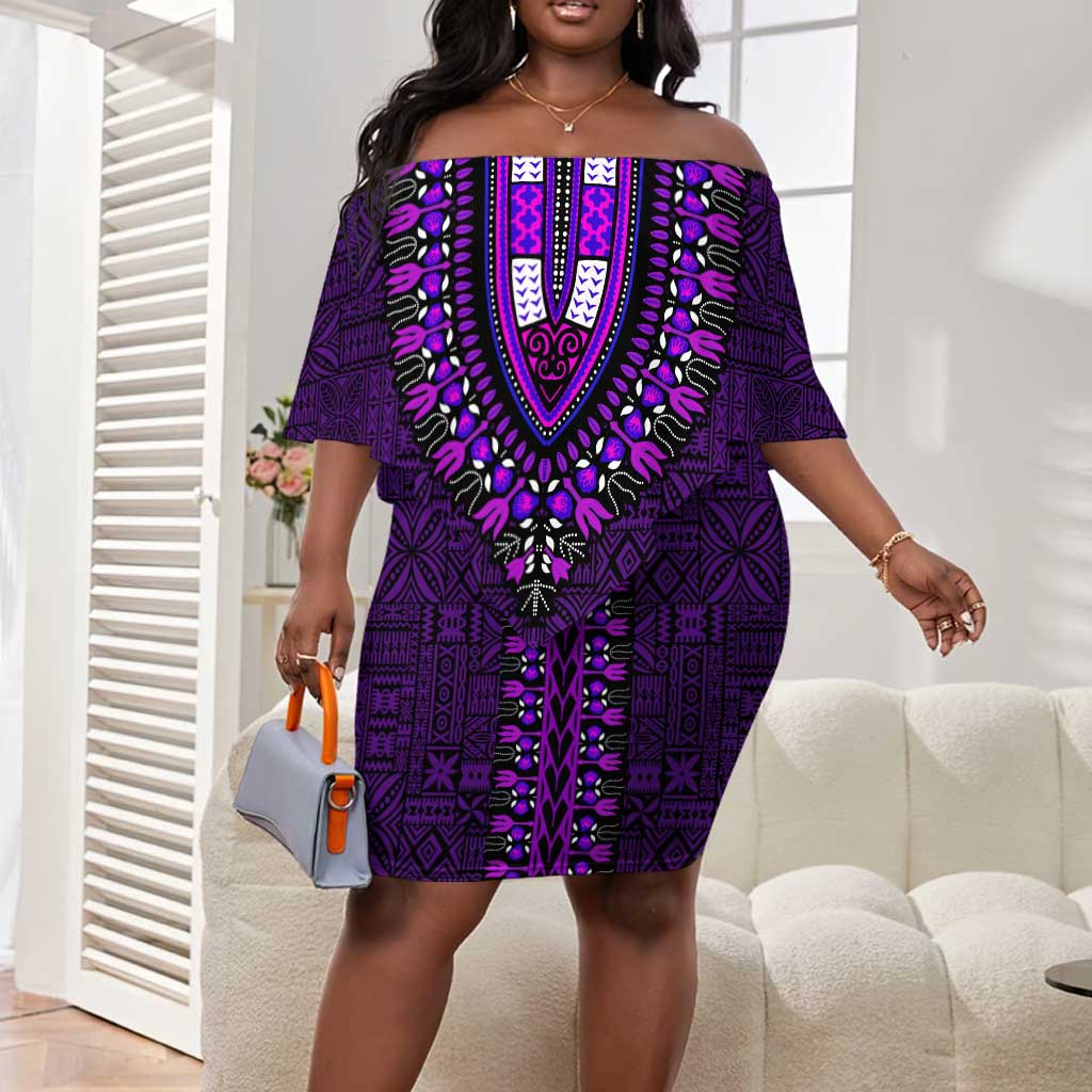 Purple Dashiki and Tapa Pattern Off Shoulder Short Dress Africa-Polynesia Together Culture