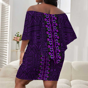 Purple Dashiki and Tapa Pattern Off Shoulder Short Dress Africa-Polynesia Together Culture