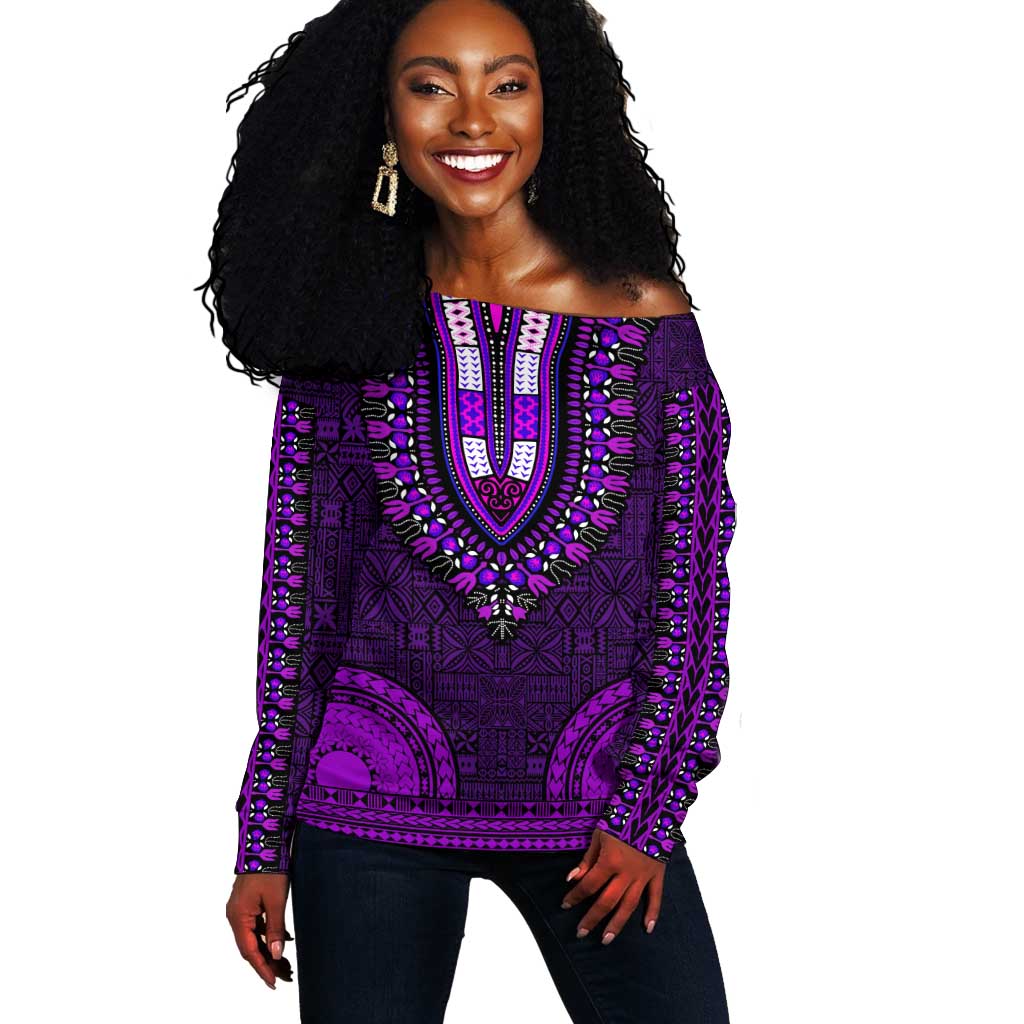 Purple Dashiki and Tapa Pattern Off Shoulder Sweater Africa-Polynesia Together Culture