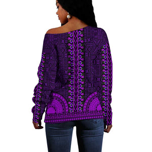 Purple Dashiki and Tapa Pattern Off Shoulder Sweater Africa-Polynesia Together Culture