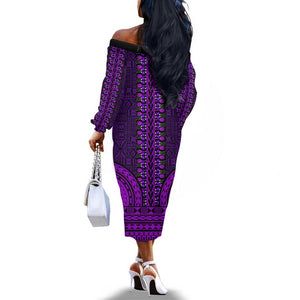 Purple Dashiki and Tapa Pattern Off The Shoulder Long Sleeve Dress Africa-Polynesia Together Culture