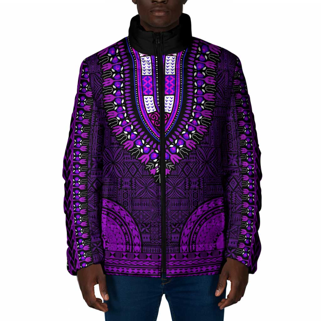 Purple Dashiki and Tapa Pattern Padded Jacket Africa-Polynesia Together Culture