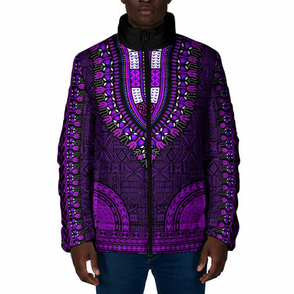 Purple Dashiki and Tapa Pattern Padded Jacket Africa-Polynesia Together Culture