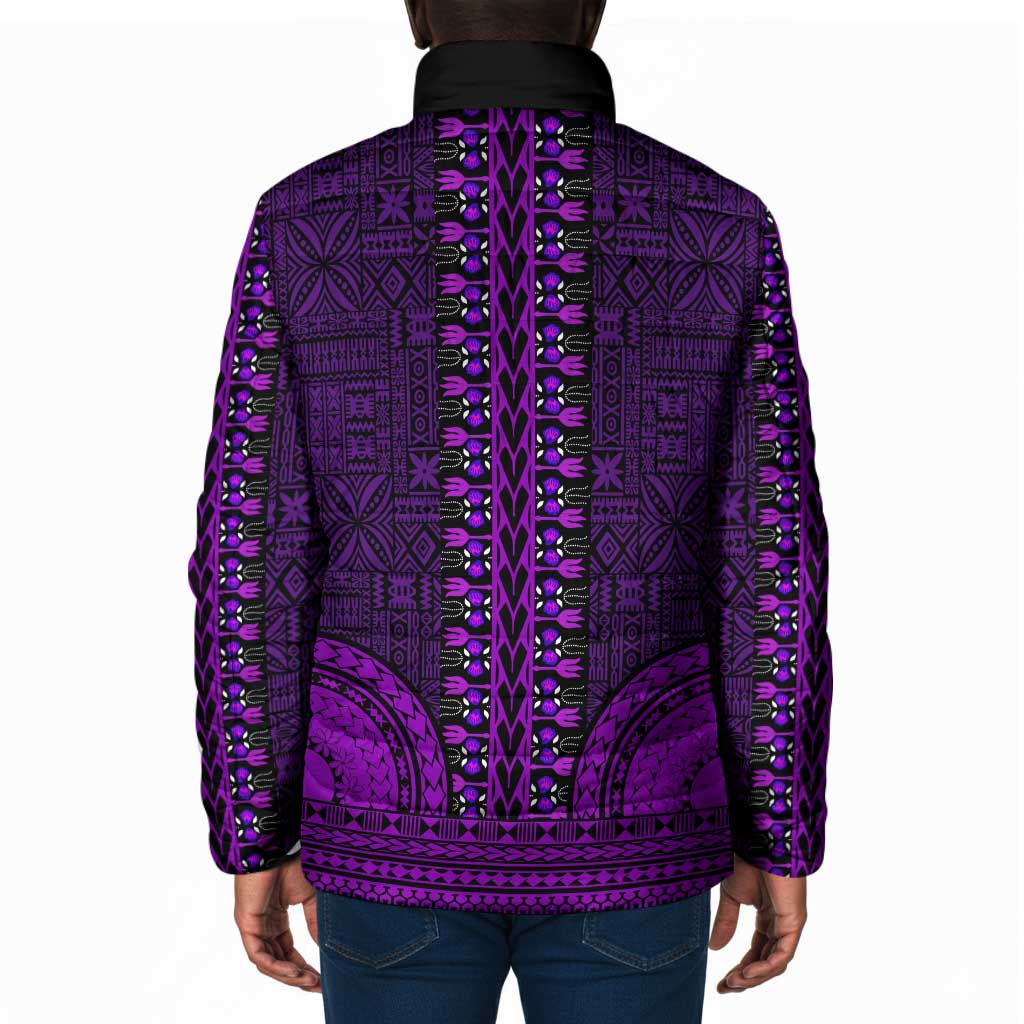 Purple Dashiki and Tapa Pattern Padded Jacket Africa-Polynesia Together Culture