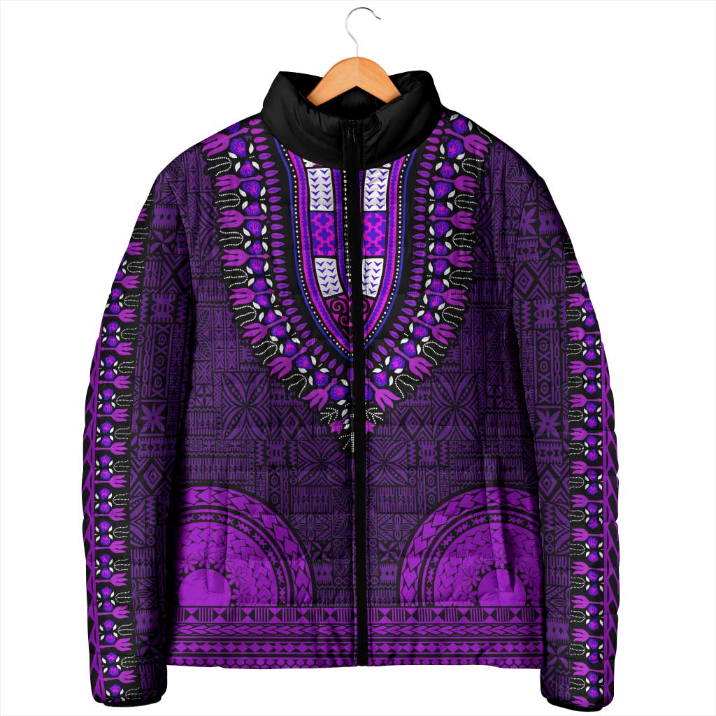 Purple Dashiki and Tapa Pattern Padded Jacket Africa-Polynesia Together Culture