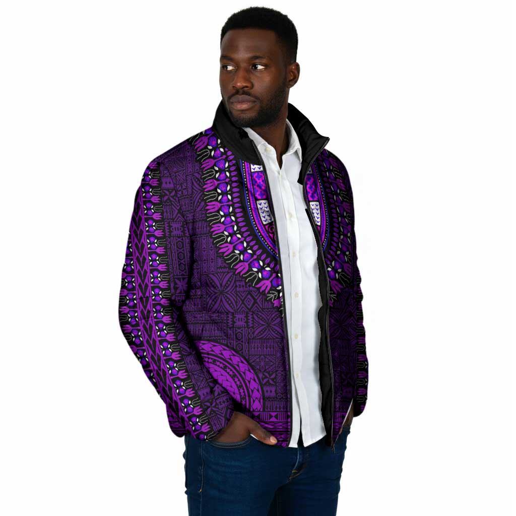 Purple Dashiki and Tapa Pattern Padded Jacket Africa-Polynesia Together Culture