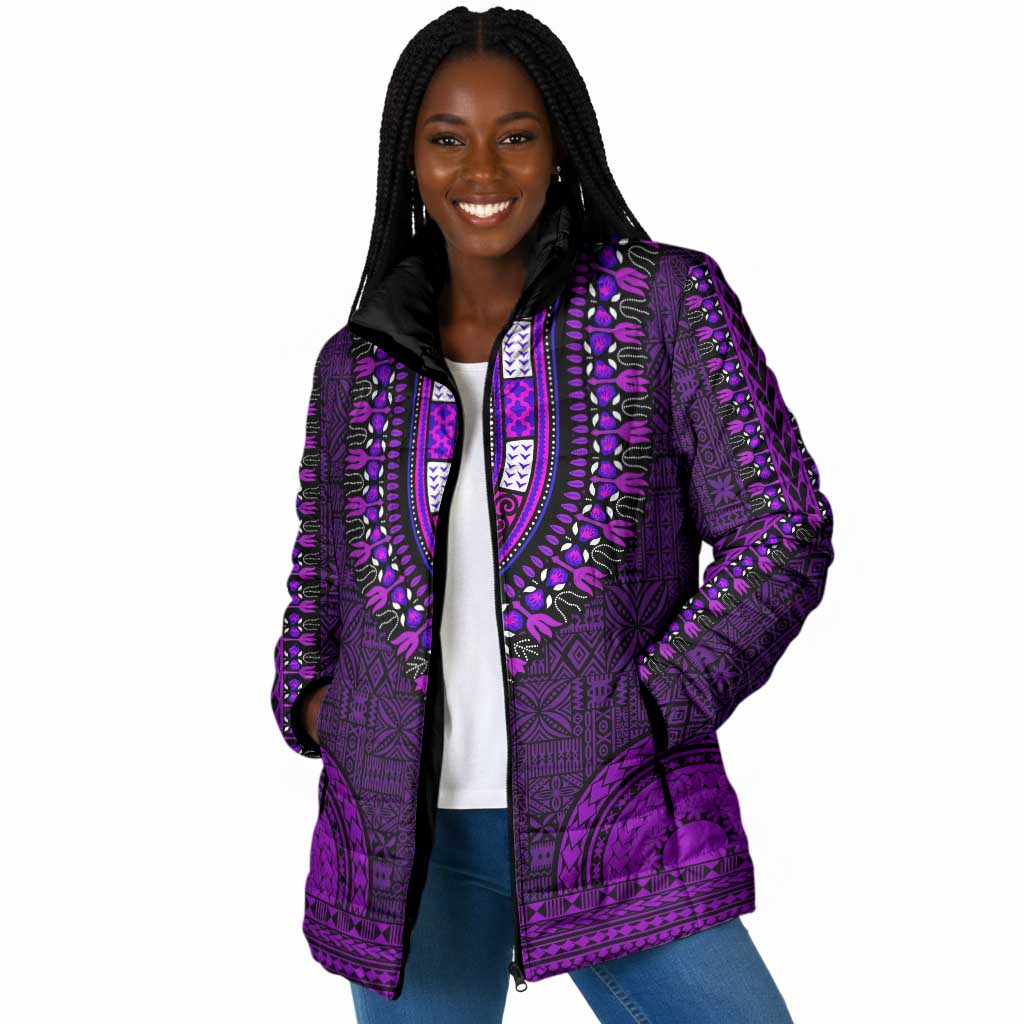 Purple Dashiki and Tapa Pattern Padded Jacket Africa-Polynesia Together Culture