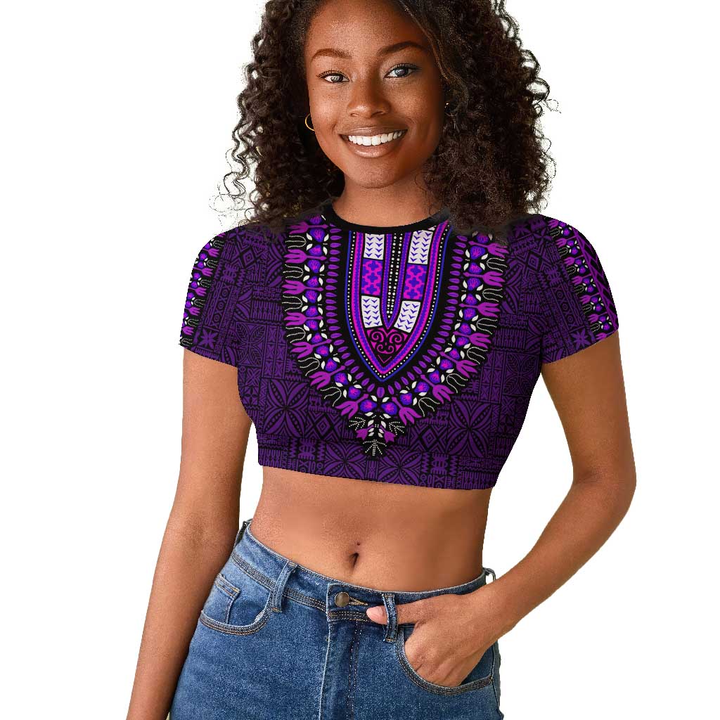 Purple Dashiki and Tapa Pattern Raglan Cropped T shirt Africa-Polynesia Together Culture