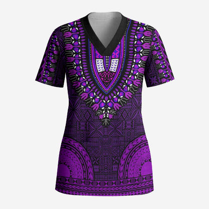 Purple Dashiki and Tapa Pattern Scrub Top Africa-Polynesia Together Culture