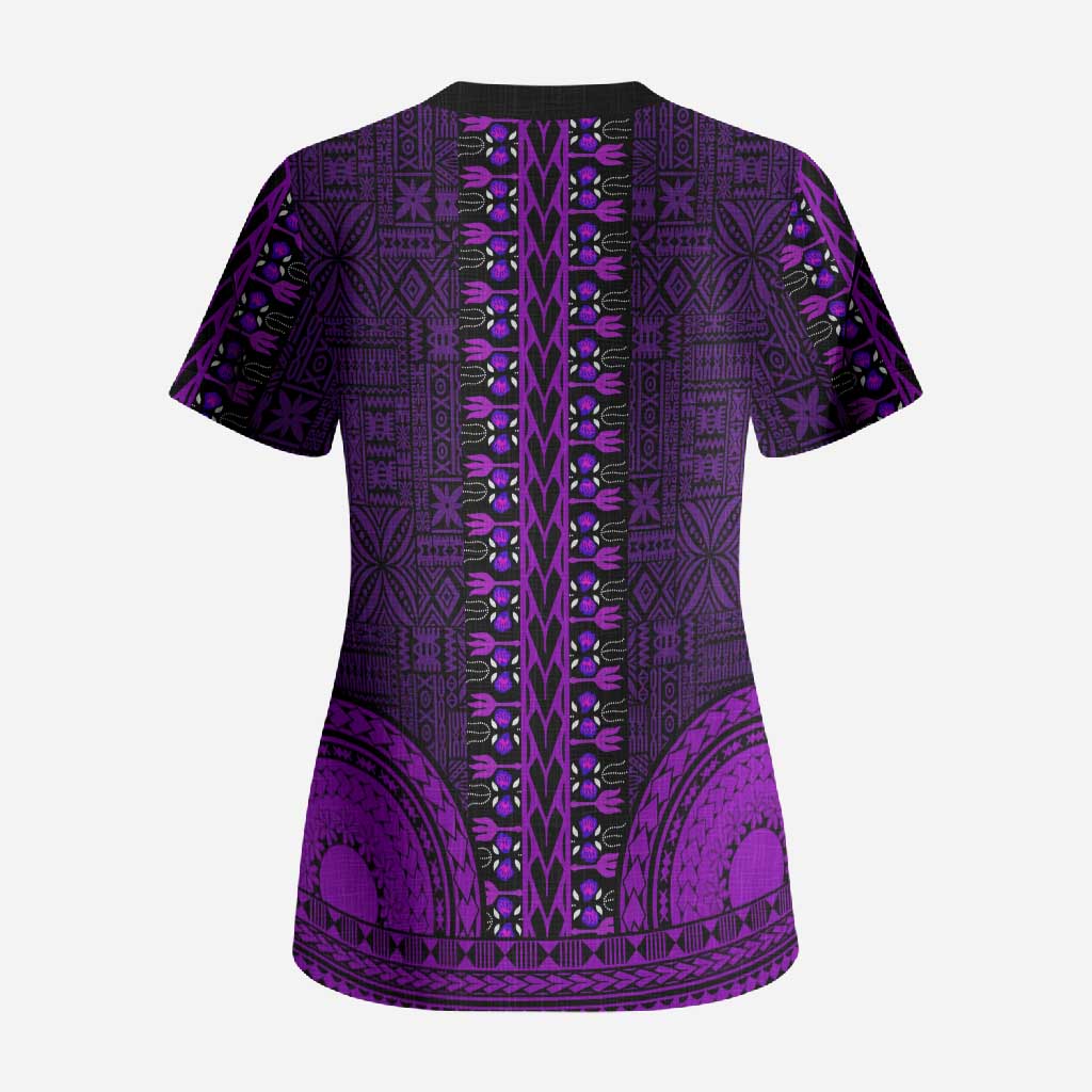 Purple Dashiki and Tapa Pattern Scrub Top Africa-Polynesia Together Culture