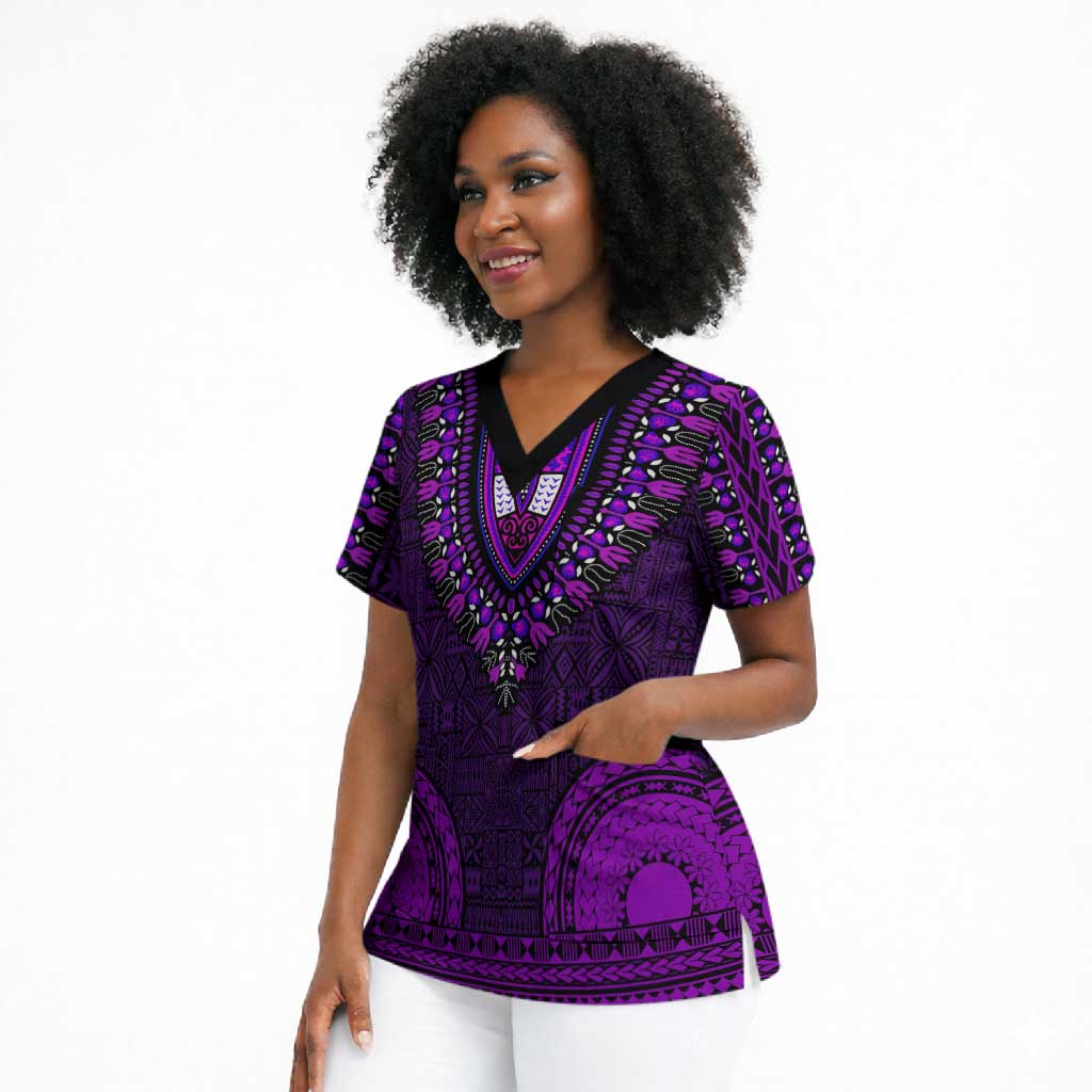 Purple Dashiki and Tapa Pattern Scrub Top Africa-Polynesia Together Culture