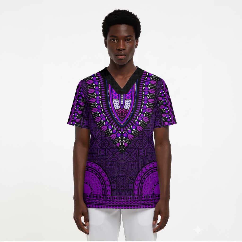 Purple Dashiki and Tapa Pattern Scrub Top Africa-Polynesia Together Culture