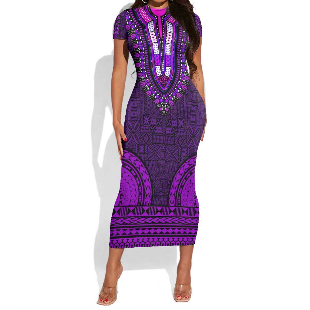 Purple Dashiki and Tapa Pattern Short Sleeve Bodycon Dress Africa-Polynesia Together Culture