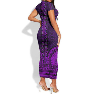 Purple Dashiki and Tapa Pattern Short Sleeve Bodycon Dress Africa-Polynesia Together Culture