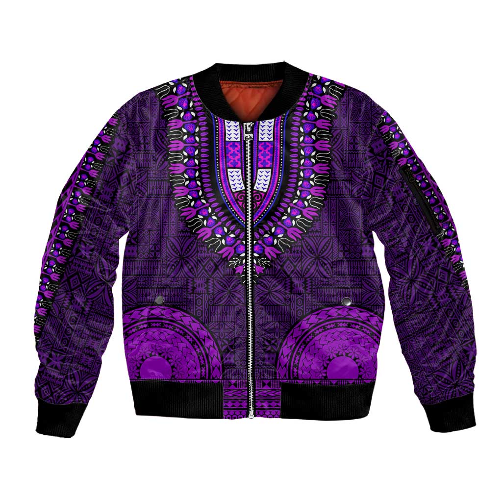 Purple Dashiki and Tapa Pattern Sleeve Zip Bomber Jacket Africa-Polynesia Together Culture