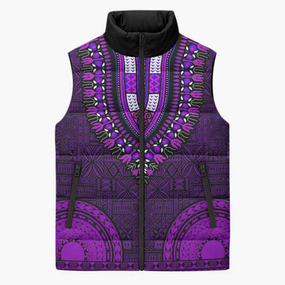 Purple Dashiki and Tapa Pattern Sleeveless Puffer Jacket Africa-Polynesia Together Culture