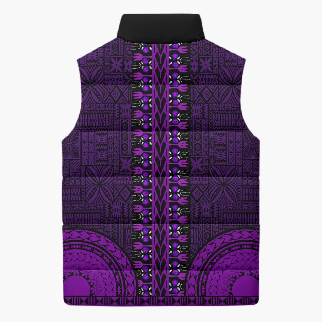 Purple Dashiki and Tapa Pattern Sleeveless Puffer Jacket Africa-Polynesia Together Culture